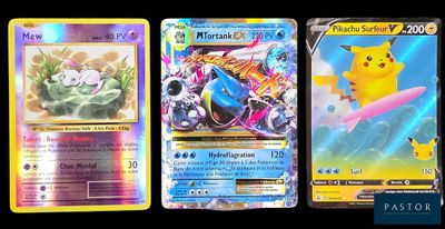 Trois cartes Pokémon différentes sont représentées sur un fond noir.