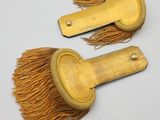 une paire de brosses à cheveux de couleur dorée, ornées de franges, sur un fond blanc