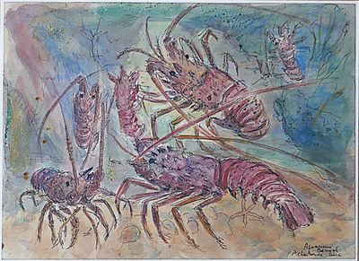 painting of two lobsters and a crab on a blue background