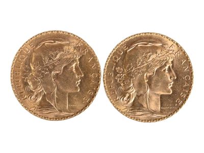 Deux pièces de vingt francs or au coq, 1910 et 1912. Usures. - Photo 1