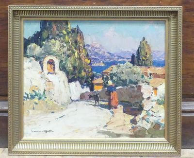 an oil painting of a painting of a mountain scene with a horse drawn carriage