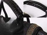 two pictures of a black purse with gold chains on it
