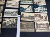 several old black and white photographs of buildings and people on a street