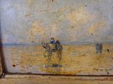 un tableau représentant une calèche tirée par des chevaux sur la plage