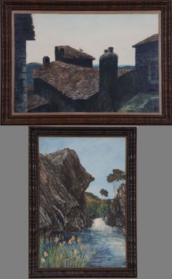 Louis VISSAGUET (1880-1956). Toits et crique aux rochers.