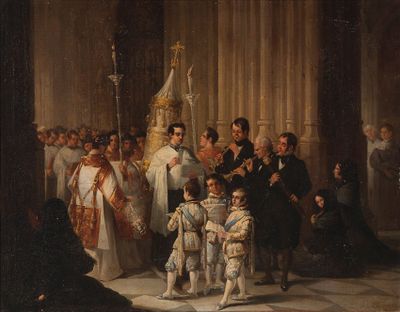 painting of a group of people standing in front of a priest and a child