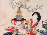 a painting of a woman sitting on a chair with a vase of flowers