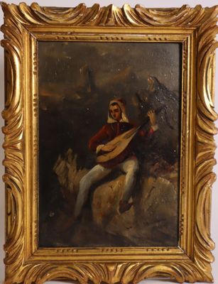 tableau représentant un homme assis sur un rocher, jouant du luth