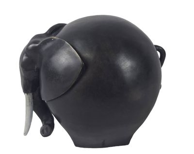 statue of an elephant with tusks on a white background