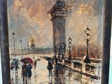 un tableau représentant des personnes marchant sous la pluie avec des parapluies
