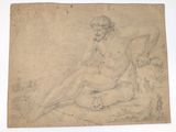 an old drawing of a man sitting on a rock with a dog