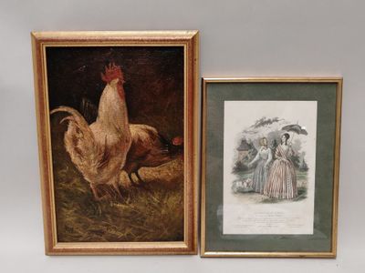 deux photos encadrées représentant des poulets et une femme en robe