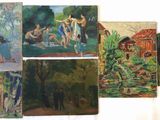 several paintings of people and animals are hanging on a wall