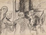 dessin d'un groupe de personnes assises autour d'une table dans une pièce