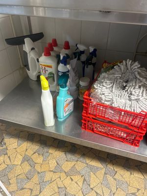 many cleaning supplies on the shelf in the kitchen