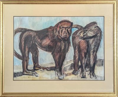 painting of two monkeys standing next to each other in a gold frame