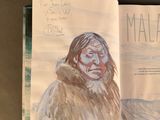 an open book with a drawing of a man in a fur coat