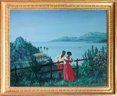 tableau représentant un couple assis sur une clôture, donnant sur un plan d'eau