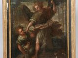 un tableau représentant un ange et un enfant dans un paysage