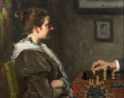 un tableau représentant un homme et une femme en train de jouer aux échecs