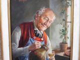 painting of an old man pouring a glass of wine in front of a window