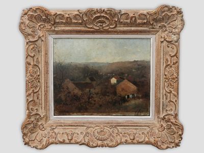 an image of a painting of a landscape with a house in the distance