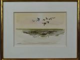 une photo d'une aquarelle représentant des oiseaux volant au-dessus de l'eau
