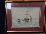 painting of a boat in a body of water with other boats in the background