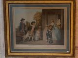 tableau représentant une réunion de famille dans un décor champêtre, avec un chien en laisse