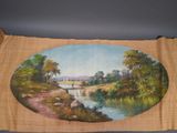 a painting of a river with a waterfall in the middle of it