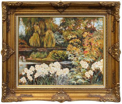 une peinture à l'huile représentant des fleurs blanches, dans un cadre doré