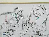 dessin représentant un homme et une femme assis à une table devant un tableau