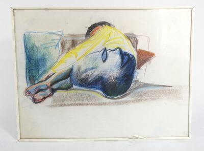painting of a woman laying on a couch with her head on her hands