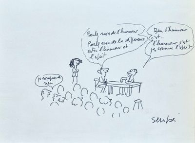 drawing of a group of people sitting at a table in front of a crowd