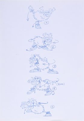 drawing of a group of cartoon characters on a sheet of paper