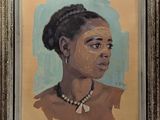 tableau représentant une femme portant un collier de perles, dans un cadre doré
