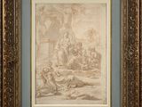 a drawing of a group of people sitting around a table