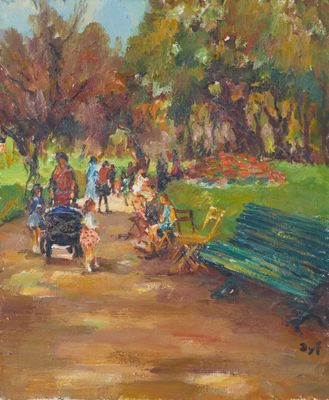 tableau représentant une scène de parc avec des personnes assises sur des bancs et une calèche