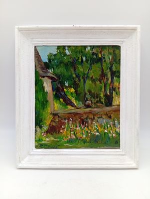 une peinture à l'huile représentant un oiseau perché sur un rebord dans un jardin