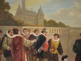 a painting of a group of people standing outside of a building