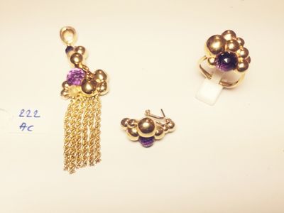 three gold and amethorate earrings and a gold and amethorate earring