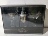 two cocktail glasses and a shaker in the box