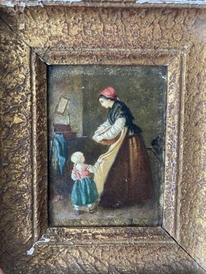 an old painting of a woman and a child in a room