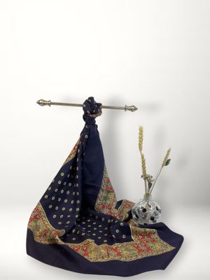navy blue silk scarf with gold and red floral design