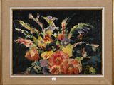 an oil painting of flowers in a vase on a black background