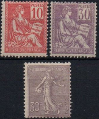 four different postage stamps with a woman and a man on them