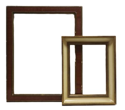 two brown and white picture frames on a white background