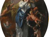 un tableau ovale représentant une femme entourée d'anges et de chérubins