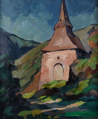 an oil painting of a church on a hill with a sky background