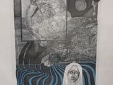 painting of a woman in a white robe and a black and white picture of a man